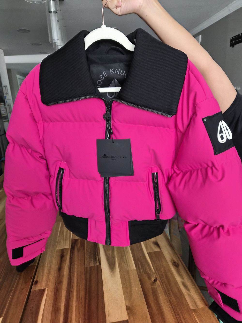 Moose Knuckles Hot Pink Puffer Jacket with Black Trim